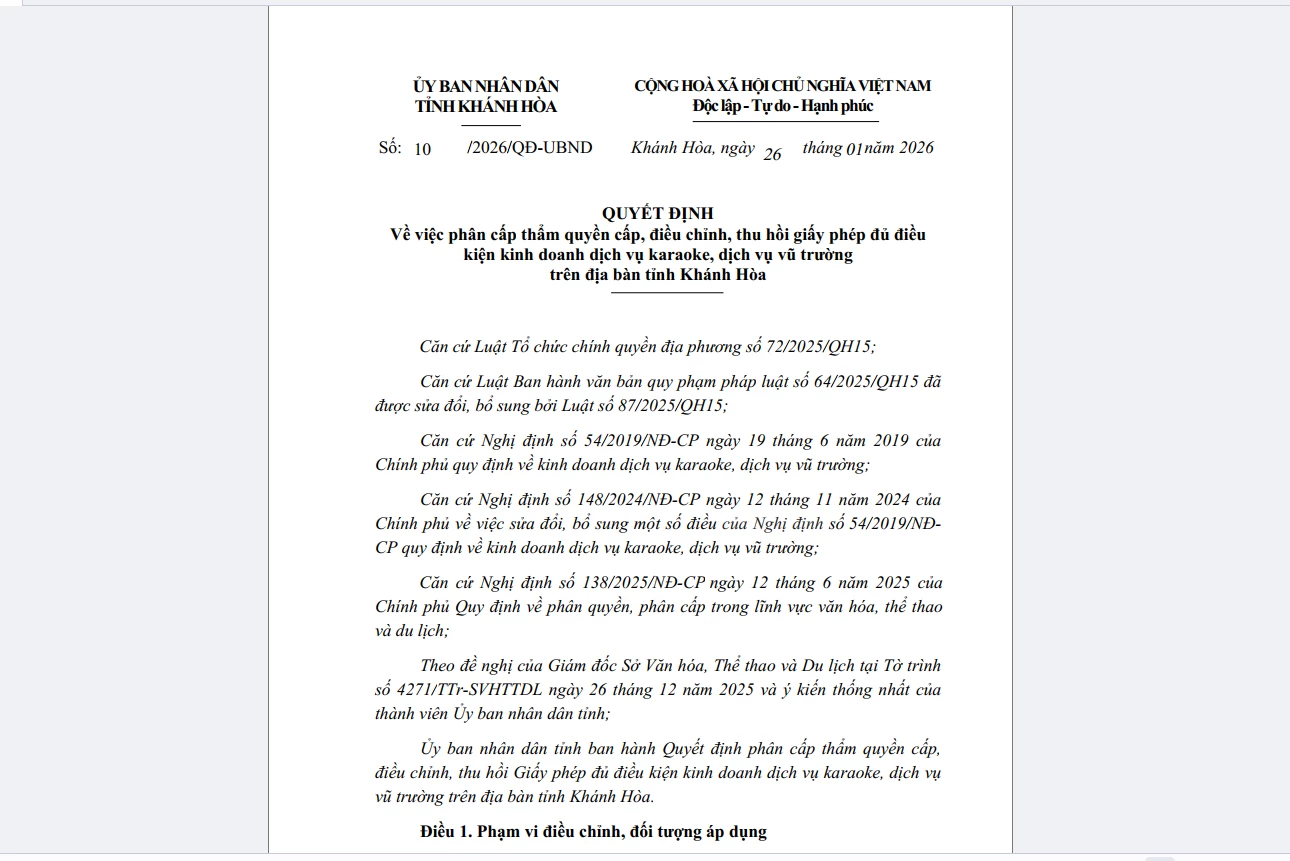 Phân cấp thẩm quyền cấp, điều chỉnh, thu hồi giấy phép kinh doanh dịch vụ karaoke, vũ trường - Báo Khánh Hòa